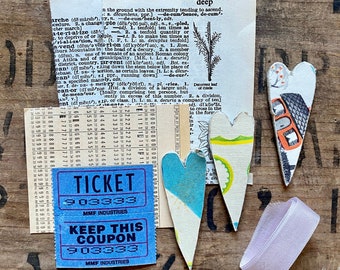 Vintage hand cut hearts, handmade heart, junk journal collage kit, junk journal embellishments, journaling hearts, junk journal die cuts