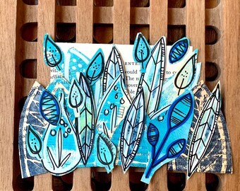 Blue Leaf Paper Pack Kit, Hand Cutout Paper Leaves, Art journal pieces, Paper collage pieces