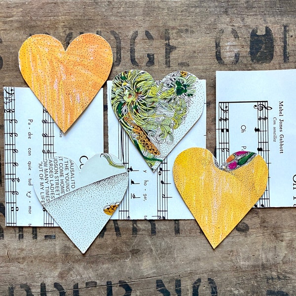 Repurposed collage hearts, hand cut art hearts, collage heart kit, junk journal hearts, mixed media hearts, handmade hearts, journal supply