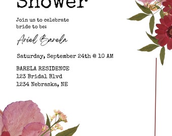 Carte florale rose d'invitation et de remerciement pour une douche nuptiale