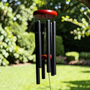 May include: A black wind chime with a red wooden top and bottom. The wind chime hangs from a black string and has several black tubes of varying lengths. The background is a blurred green lawn and trees.