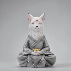 May include: A white fox figurine in a meditative pose, wearing a grey robe and holding a gold ingot. The fox has closed eyes, pink accents, and a red mark on its forehead. The figurine is set against a plain grey background.