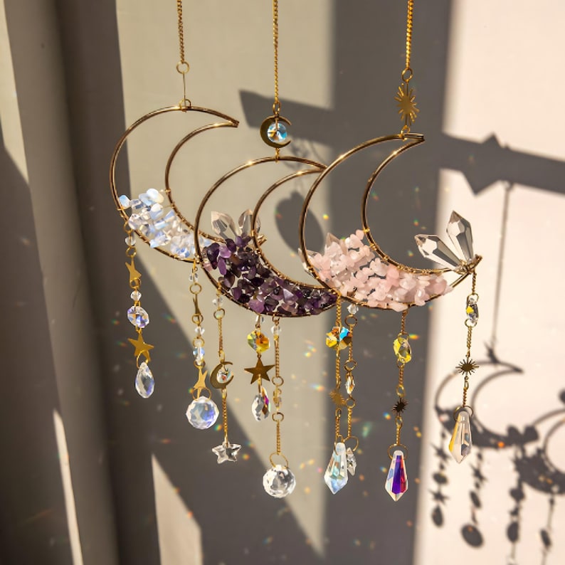 Celestial Crystal Half Moon Suncatcher – Rainbow Maker Wind Chime - Etsy