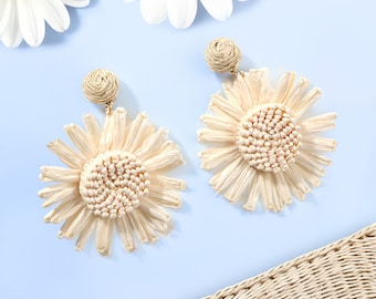 Handmade Bohemian Raffia Earrings, Raffia Floral Earrings, Sunflower Earrings Dangle Rattan Knit Hanging Earring, Neutral Statement Earrings