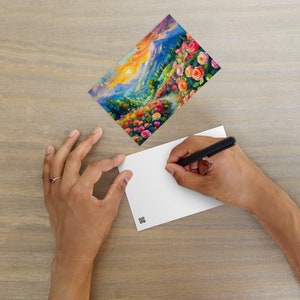 Majestätisch Berg Sonnenuntergang Postkarte - Lebhaftes Ölgemälde mit Rosen & Grasweg - Stilvolle, farbenfrohe Landschaftsansicht - ideal für alle Gelegenheiten