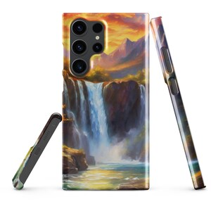 Scenic Autumn Mountaintop & Sunset Waterfall Painting on Samsung Snap Case - Vibrant Nature Art Phone Case - A Great Gift For Nature Lovers