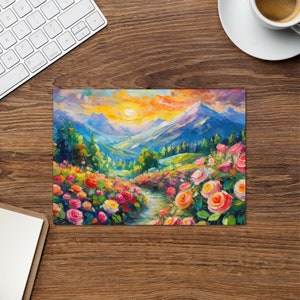 Tarjeta de felicitación con puesta de sol majestuosa en la montaña: pintura al óleo vibrante con camino de rosas: escena natural elegante, pacífica y colorida: una gran idea para un regalo