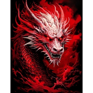 Puede incluir: Ilustración digital de un dragón rojo con detalles blancos y ojos rojos brillantes sobre un fondo negro. Las escamas y cuernos del dragón están detallados, con un tema de fantasía.