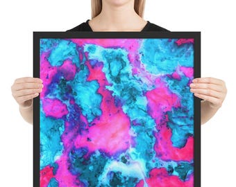 Framed Marble Art Poster - Abstract Mix of Magenta & Cyan - Stylish Contemporary Wall Decor - Fine Art Wall Decor Print For Modern Homes