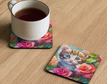 Cork-Back Coaster - A Kitten In The Rose Bush