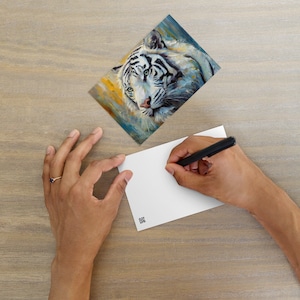 Carte postale majestueuse peinture à l'huile de tigre blanc - Art animalier élégant et élégant pour les amoureux de la nature - Cadeau parfait, décoration de bureau pour la maison et le bureau