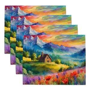 Colorful Mountain Cabin Sunset Table Placemat Set Of 4 - Scenic Oil Painting, Van Gogh Style, Perfect For Home Decor & Fine Art Enthusiasts