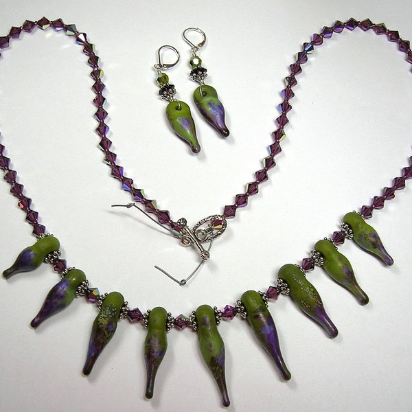 Purple and Green Drops Handmade Lampwork Art Glass Earrings and Necklace by GLiTTeRBuG oRiGiNaLS SRAJD