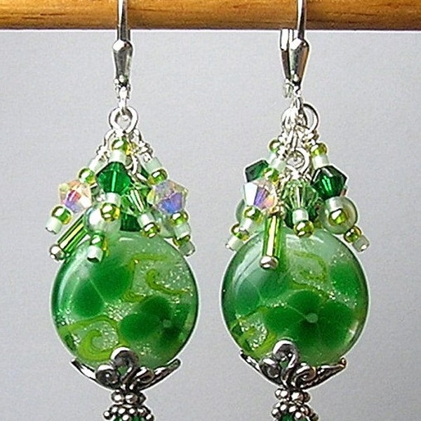 Glitterbug Originals GREEN GODDESS Handmade DICHROIC Floral FUNFETTI Art Glass Earrings SRAJD