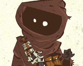 Puede incluir: Un personaje de dibujos animados marrón que lleva una túnica con capucha y lleva un arma. El personaje tiene ojos grandes y una boca pequeña. El personaje está de pie sobre un fondo marrón claro.