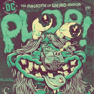 Op de afbeelding: Een groene en gele comicboekomslag met de titel "Plop!" en de tekst "The Magazine of Weird Humor". De omslag toont een cartoonmonster met grote ogen en een lange groene baard.