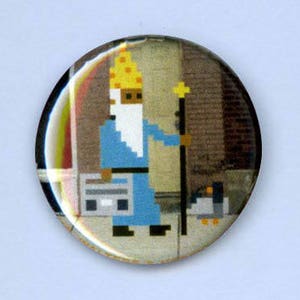 May include: A blue pixelated wizard with a yellow hat and white beard holds a staff and a box. The wizard is standing on a sidewalk with a brown building in the background.