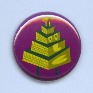 May include: A purple button with a yellow and green cartoon character that looks like a building with a bird on top. The character has a face with two eyes and a mouth. The text "© NERFECT ARTISTIC NOVELTIES & MR WALTERS" is on the right side of the button.