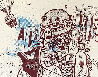 May include: A vintage-style illustration of a cartoon character wearing a burger helmet and holding a sword. The character is standing on a blue and white patterned surface with the number 84 and the text "$2" in the bottom right corner. The background is a light beige with a brown and white speckled texture.
