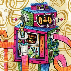 Könnte beinhalten: Ein bunter Roboter mit einem rosafarbenen Körper, grünen Armen und blauen Beinen. Der Roboter hat einen großen Kopf mit einem schwarzen Gesicht und ein Paar Augen, die "0-0" lesen. Der Roboter hält ein Schild mit der Aufschrift "Player Two Ready".