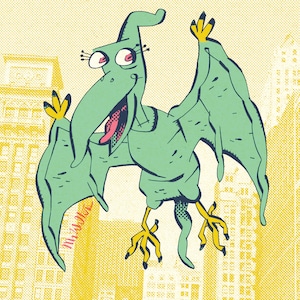 May include: A cartoon illustration of a green Pterodactyl with a long neck, open mouth, and yellow feet and claws. The background features a yellow dotted pattern and stylized buildings. The artist's signature is visible.