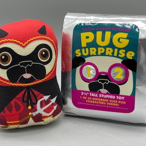 May include: A red and black plush toy pug wearing a devil costume. The toy is 3 1/2 inches tall and is part of a blind bag series called "Pug Surprise".
