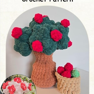 May include: A crochet pattern for a little loop tree with red flowers and apples. The tree is green and brown and has a basket of red apples. The pattern is by LoopsAlot Crochet. "Optional Interactive Feature: Using snaps the flowers and apples are removable, so they can be picked from the tree! Perfect for interactive play or seasonal decoration!"