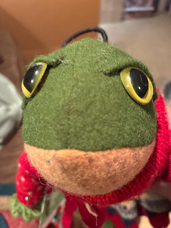 Heirloom Handcrafted Wool Frog Doll "Olive": Ragdoll Style Fiber Art Collectible, Upcycled Materials
