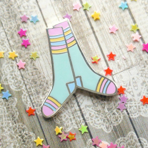 Enamel pin, cute hard enamel pin, gift under 10, cute pin badge, stripy socks, socks enamel pin, brooch, UK shop