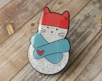 ON SALE Cat enamel pin, Christmas cat brooch, cat lover gift, glitter cat lapel pin, cat badge, snowman pin, stocking stuffer, UK