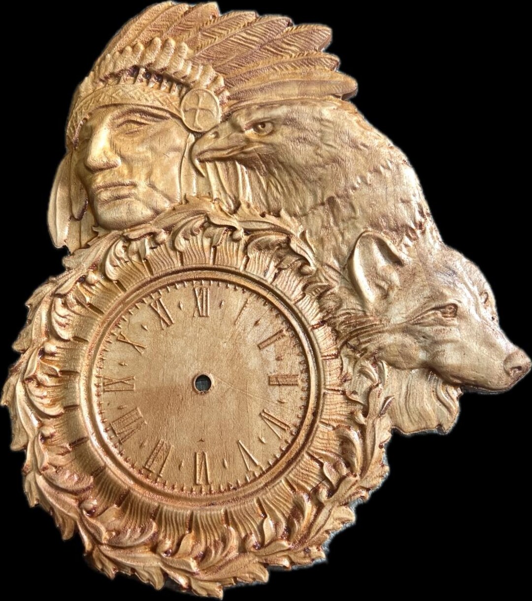 3D Wood Carved Native American Clock: Wolf & Eagle Design - Etsy