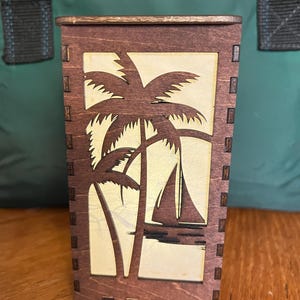 DECORATIVE CANDLELIGHT LANTERN 3mm Basswood scrollwork glows beautifully.  Boat or Flamingo Palm tree silhouette w/ dark brown frame.