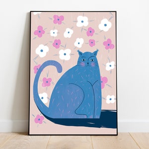 Illustration, Cat Drawing, Flowers, Bedroom Print Poster, Bedroom Wall Art, Funny Bedroom Prints, Handmade Wall Decor, Cute Cat Prints image 1