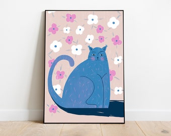 Ilustración, Dibujo de gato, Flores, Póster impreso para dormitorio, Arte de pared de dormitorio, Impresiones divertidas para dormitorio, Decoración de pared hecha a mano, Impresiones de gatos lindos