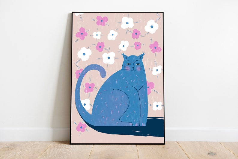 Illustration, Cat Drawing, Flowers, Bedroom Print Poster, Bedroom Wall Art, Funny Bedroom Prints, Handmade Wall Decor, Cute Cat Prints image 1