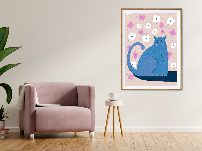 Illustration, Cat Drawing, Flowers, Bedroom Print Poster, Bedroom Wall Art, Funny Bedroom Prints, Handmade Wall Decor, Cute Cat Prints zdjęcie 4