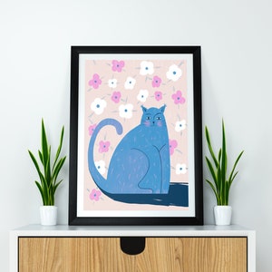 Illustration, Cat Drawing, Flowers, Bedroom Print Poster, Bedroom Wall Art, Funny Bedroom Prints, Handmade Wall Decor, Cute Cat Prints zdjęcie 2