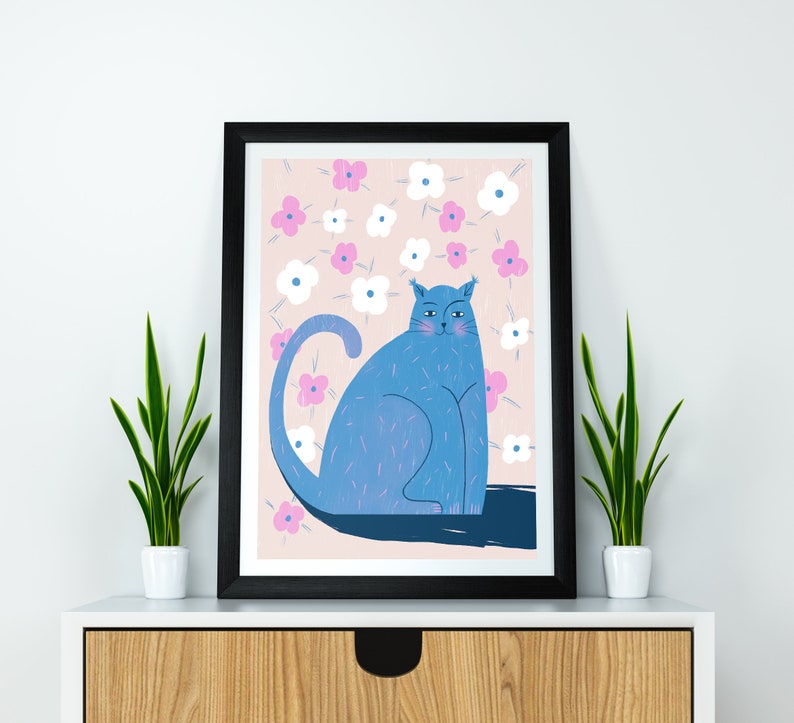 Illustration, Cat Drawing, Flowers, Bedroom Print Poster, Bedroom Wall Art, Funny Bedroom Prints, Handmade Wall Decor, Cute Cat Prints zdjęcie 2