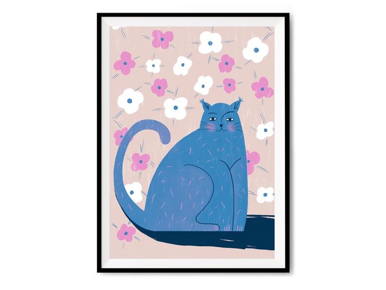 Illustration, Cat Drawing, Flowers, Bedroom Print Poster, Bedroom Wall Art, Funny Bedroom Prints, Handmade Wall Decor, Cute Cat Prints zdjęcie 6