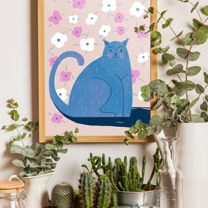 Illustration, Cat Drawing, Flowers, Bedroom Print Poster, Bedroom Wall Art, Funny Bedroom Prints, Handmade Wall Decor, Cute Cat Prints image 3