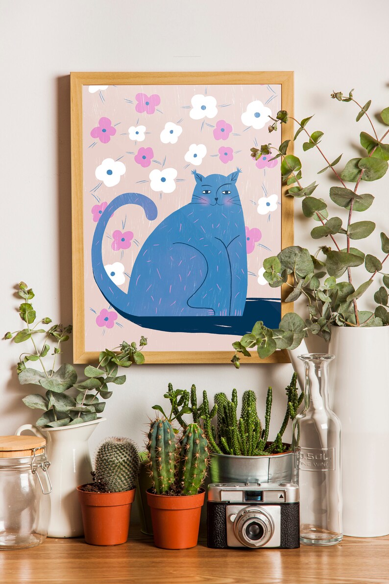 Illustration, Cat Drawing, Flowers, Bedroom Print Poster, Bedroom Wall Art, Funny Bedroom Prints, Handmade Wall Decor, Cute Cat Prints zdjęcie 3