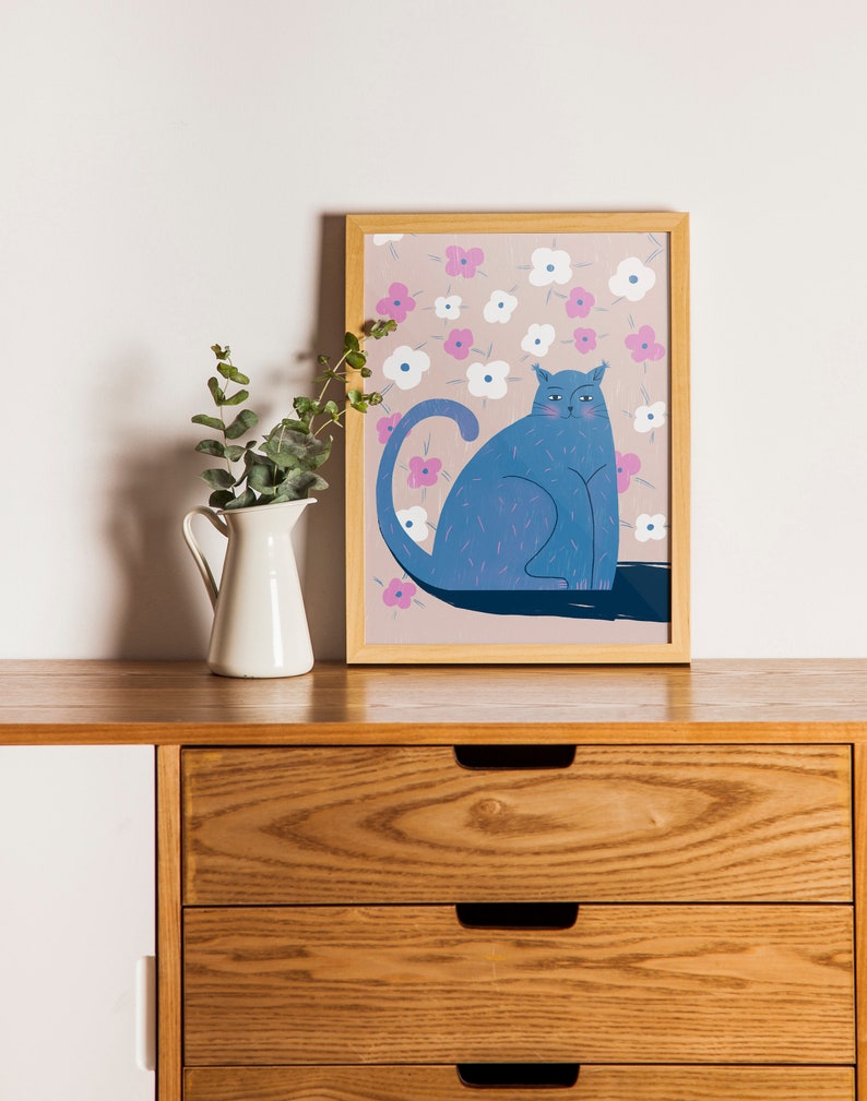 Illustration, Cat Drawing, Flowers, Bedroom Print Poster, Bedroom Wall Art, Funny Bedroom Prints, Handmade Wall Decor, Cute Cat Prints zdjęcie 5
