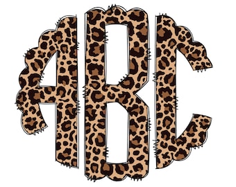 May include: A monogram with the letters A, B, and C in a leopard print pattern. The letters are outlined in black and the background is white.