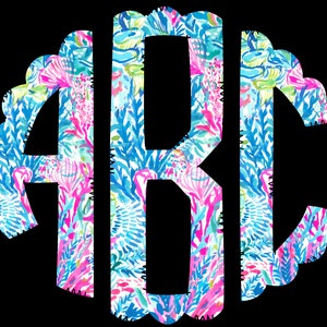May include: A white monogram with the letters "ABC" in a circle with a scalloped edge. The background is a blue, pink, and green floral pattern.