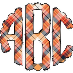 May include: Three letters, A, B, and C, in a circle, with a plaid pattern in orange, red, white, and blue.