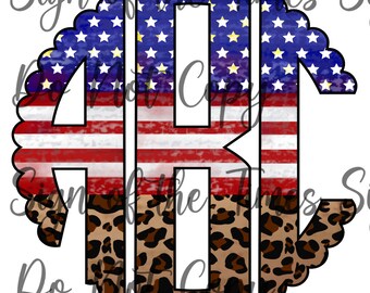 May include: A monogram design featuring the letters A, B, and C. The letters are outlined in black and filled with a distressed American flag pattern. The bottom half of the design is filled with a leopard print pattern.