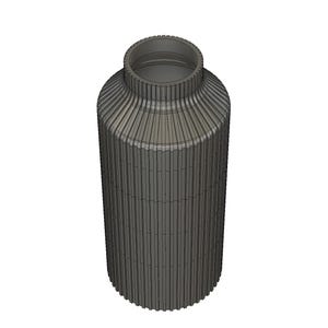 May include: A gray, cylindrical vase with a ribbed design. The vase has a wide, open top and a rounded base. The ribbed texture creates a vertical pattern along the body of the vase. The vase is made of a solid material and is suitable for home decor.