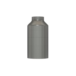 May include: A gray ceramic vase with a ribbed design. The vase is cylindrical in shape and has a smooth, matte finish.