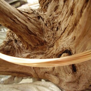 May include: A close-up of a piece of driftwood with a light brown, woven cord wrapped around it.