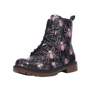 Pink Spider Combat Boots - Cute Goth Lace-Up Boots - Feminine Halloween Boots - Spooky Pink Spiderweb Boots - Alternative Streetwear